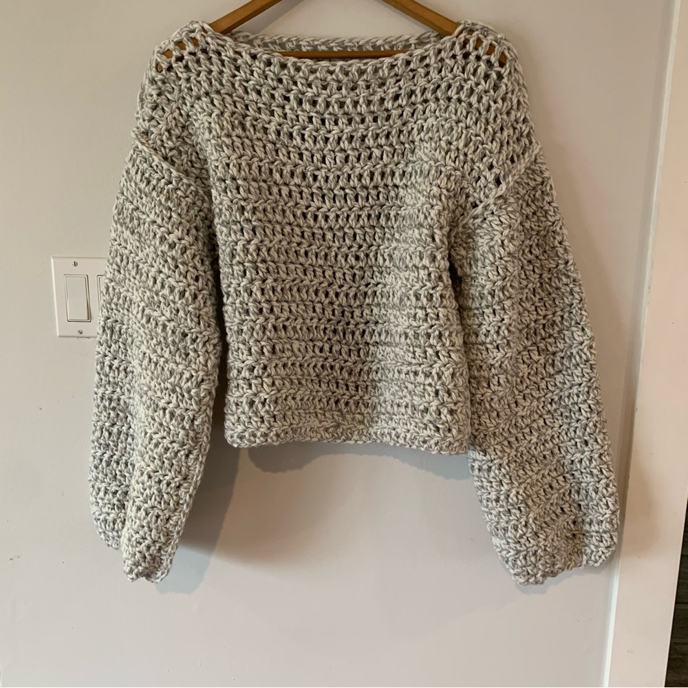 Handknit Open Knit Crochet Sweater Grey Cream Bell sleeves by JP